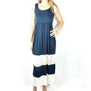 COLOR ME RED |💙🤍Navy & White Lace Sleeveless Stretch Long Maxi Tank Dress